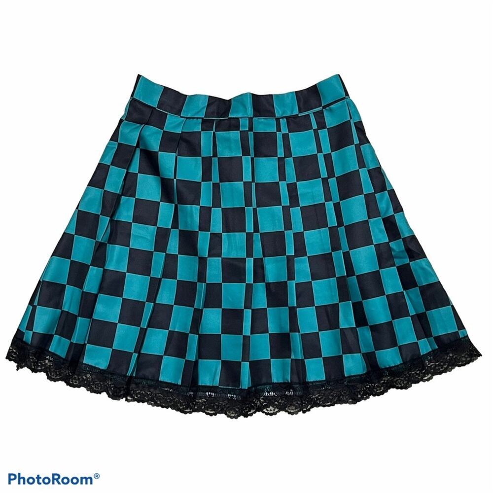 Pleated Checkered Lace Edged Skirt L